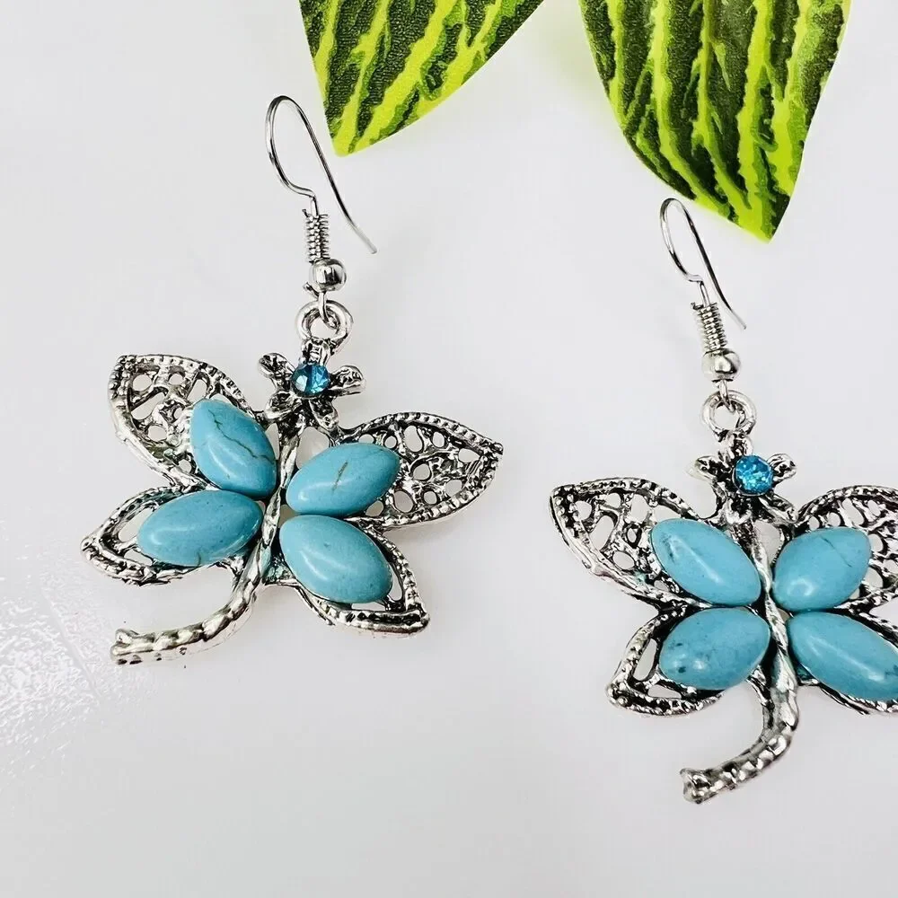 Dragonfly Teal Blue Faux Turquoise Rhinestone Silver Tone Dangle Drop Earrings